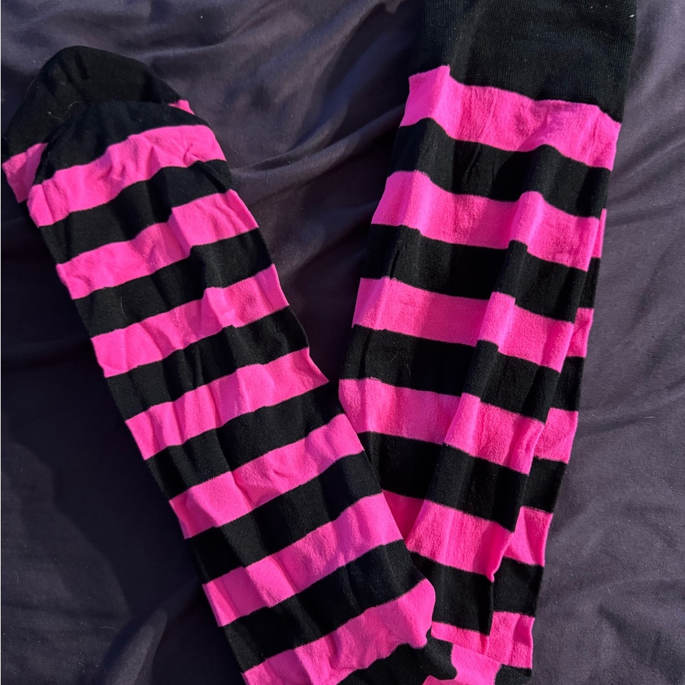 Pink and Black Striped Over the Knee Socks